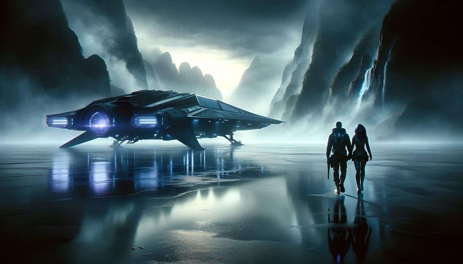 Futuristic Couple on Alien Planet near Spaceship
