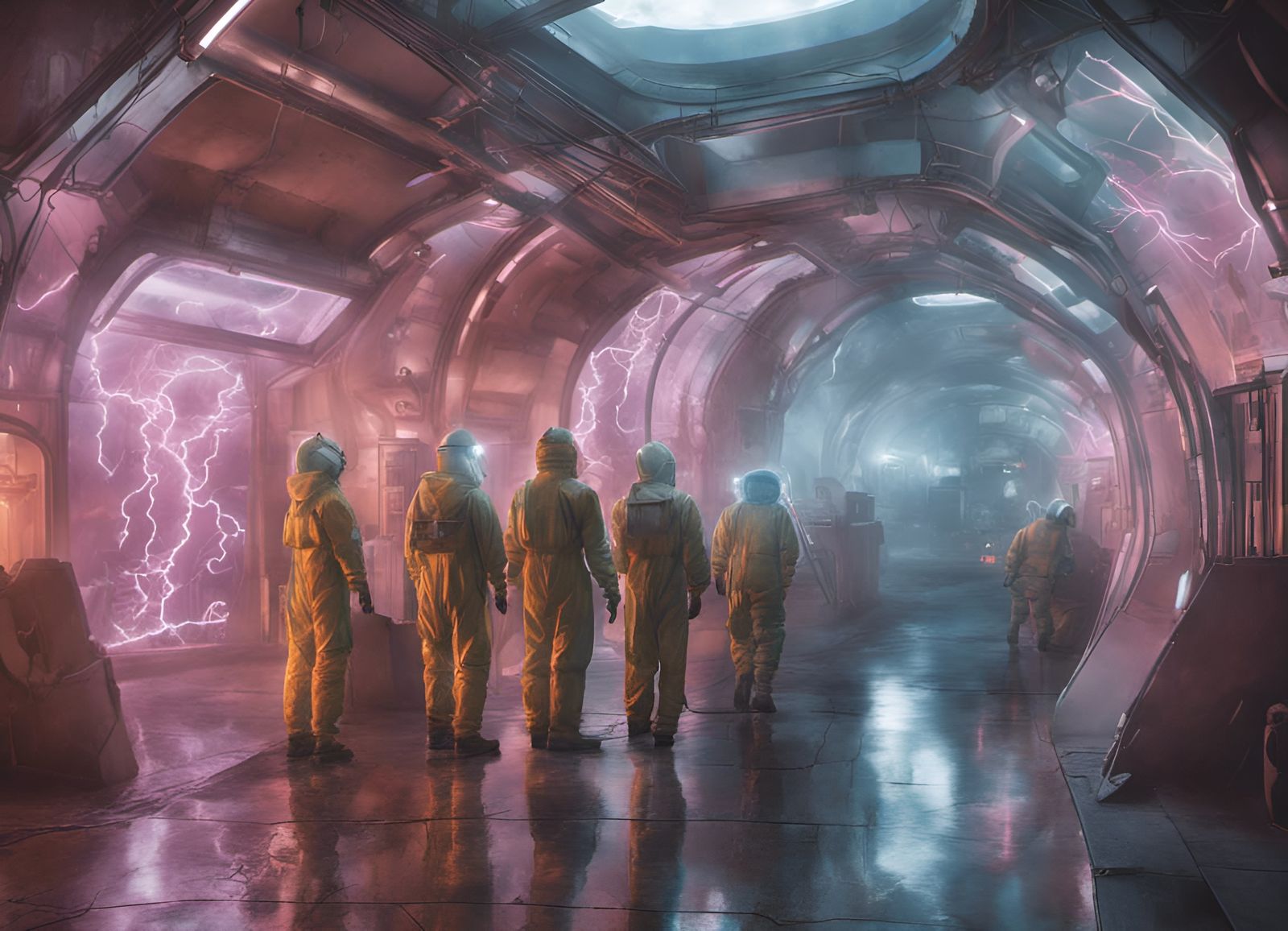 Photorealistic Underground City with Hazmat Suits