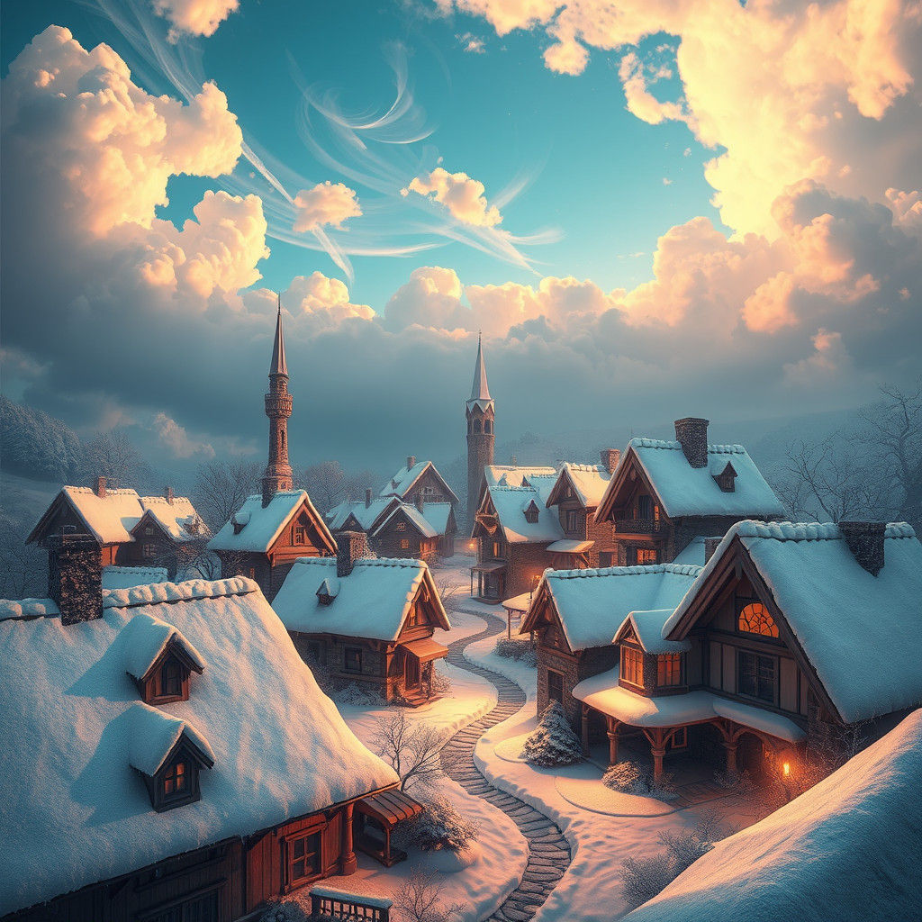 Snowy Vintage Village in Surrealist Style