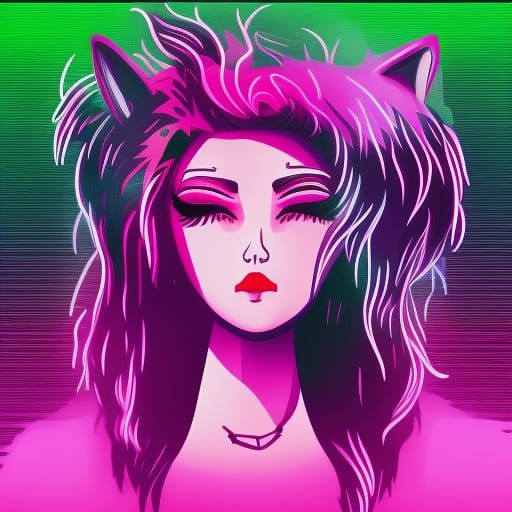 Synthwave Wolf Girl in Neon Retro Style