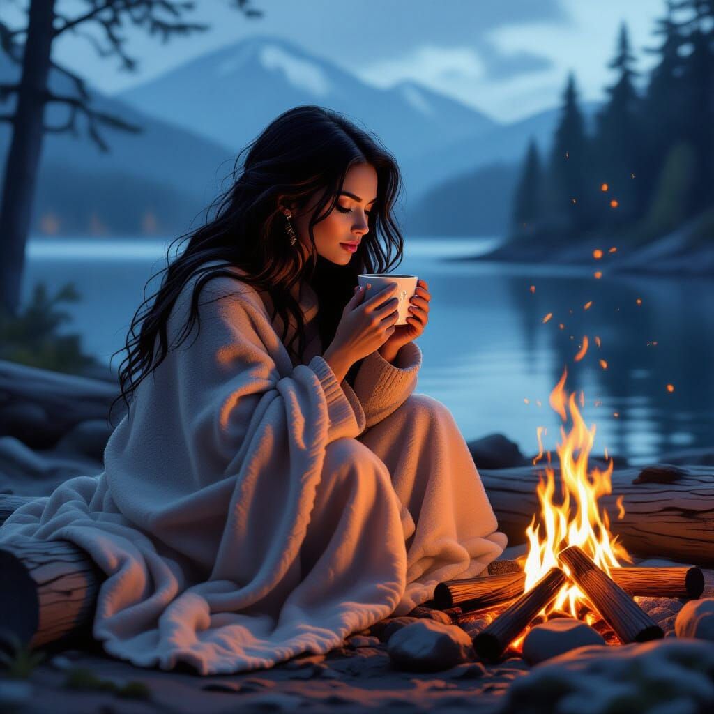 Woman Gazing into Campfire on Vancouver Island
