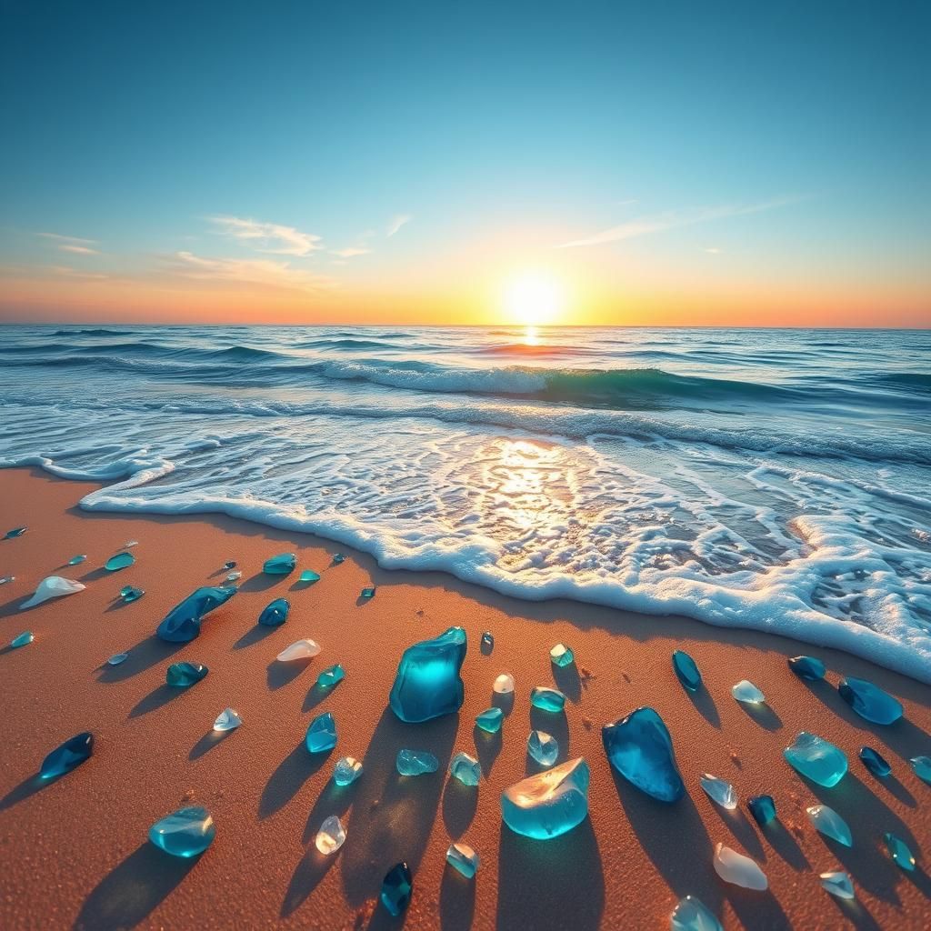 Iridescent Seaglass Beach at Sunrise, Abstract Fractal Art