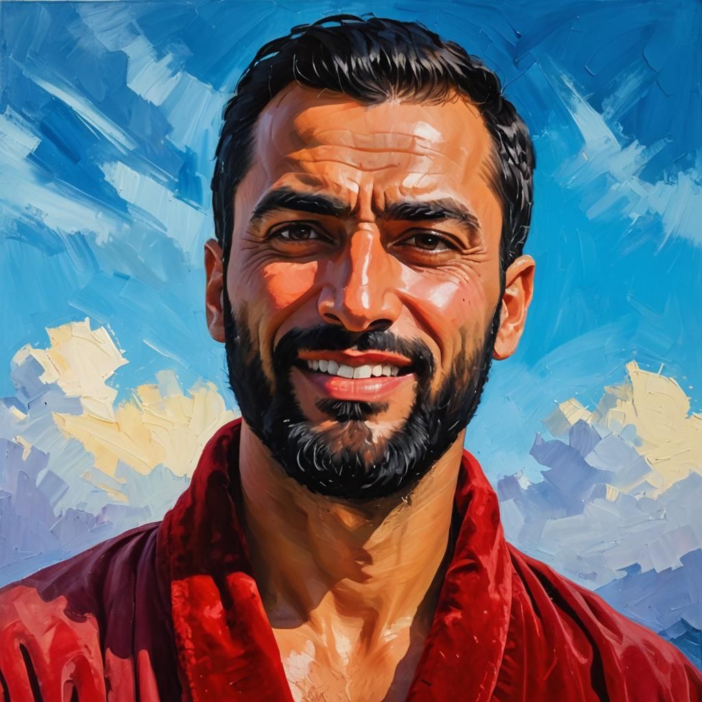 Handsome Man in Red Bathrobe, Impasto Oil Painting