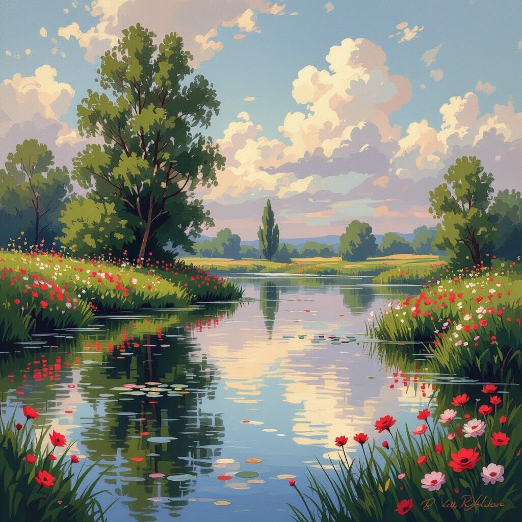 Blooming Landscape Reflecting Calm Waters as Impressionist A...
