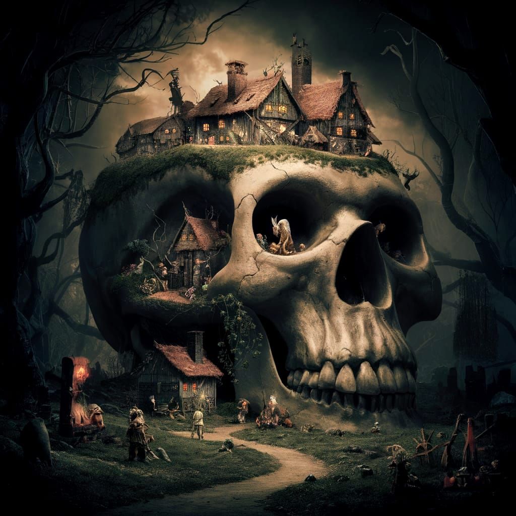 Whimsical Skull Village in Dark Fantasy Style