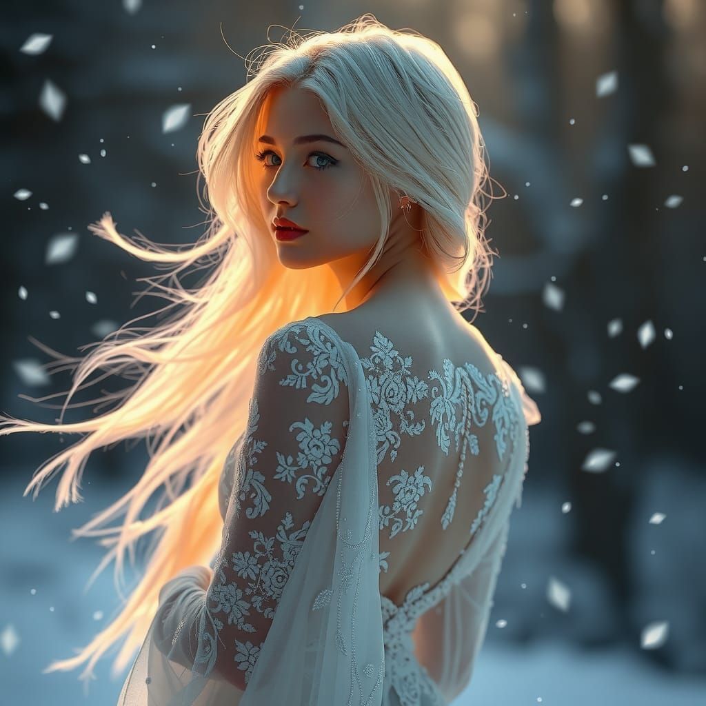 Ethereal woman with flowing, platinum blond locks cascading down her back, standing in a tranquil winter setting, as del...