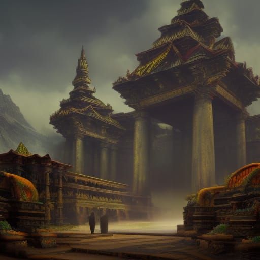 Explorer and Ancient Temple in Detailed Matte Painting