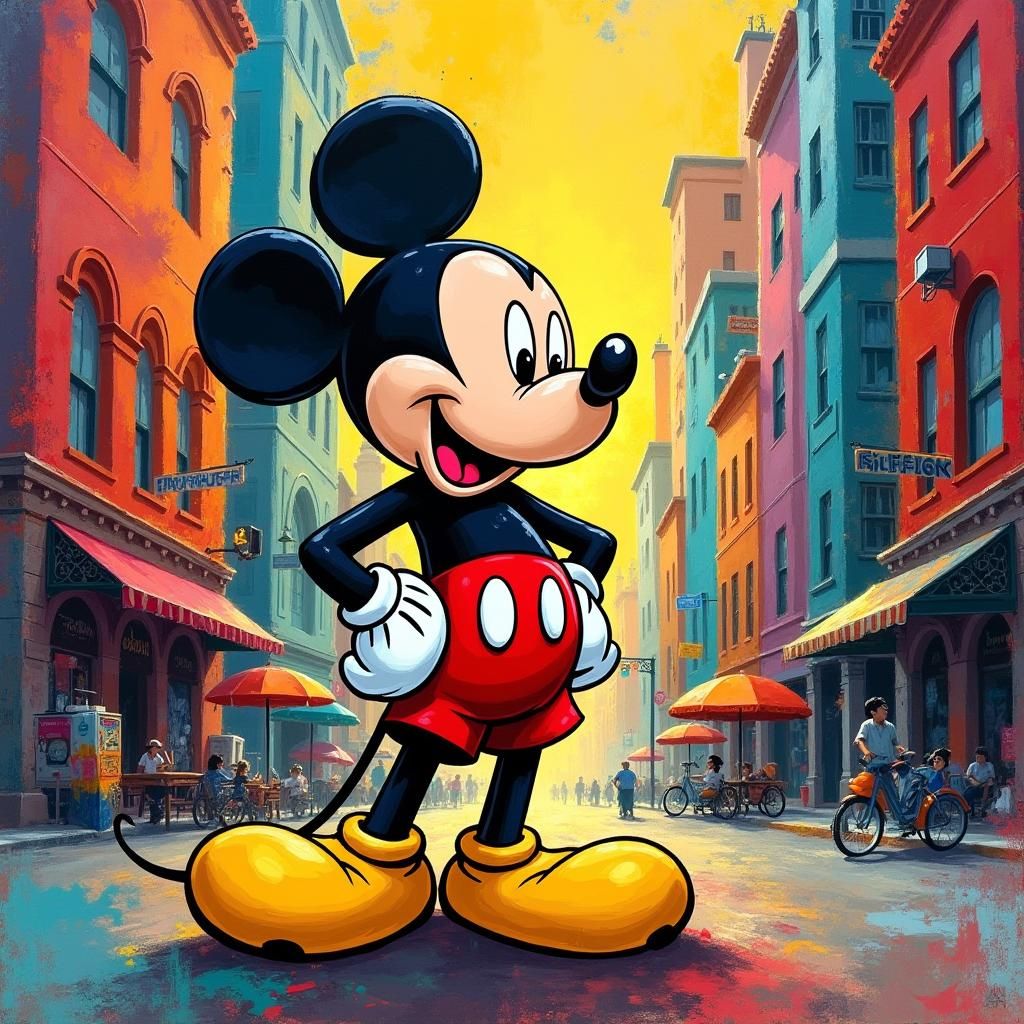 Confident Mickey Mouse in Vibrant Cityscape