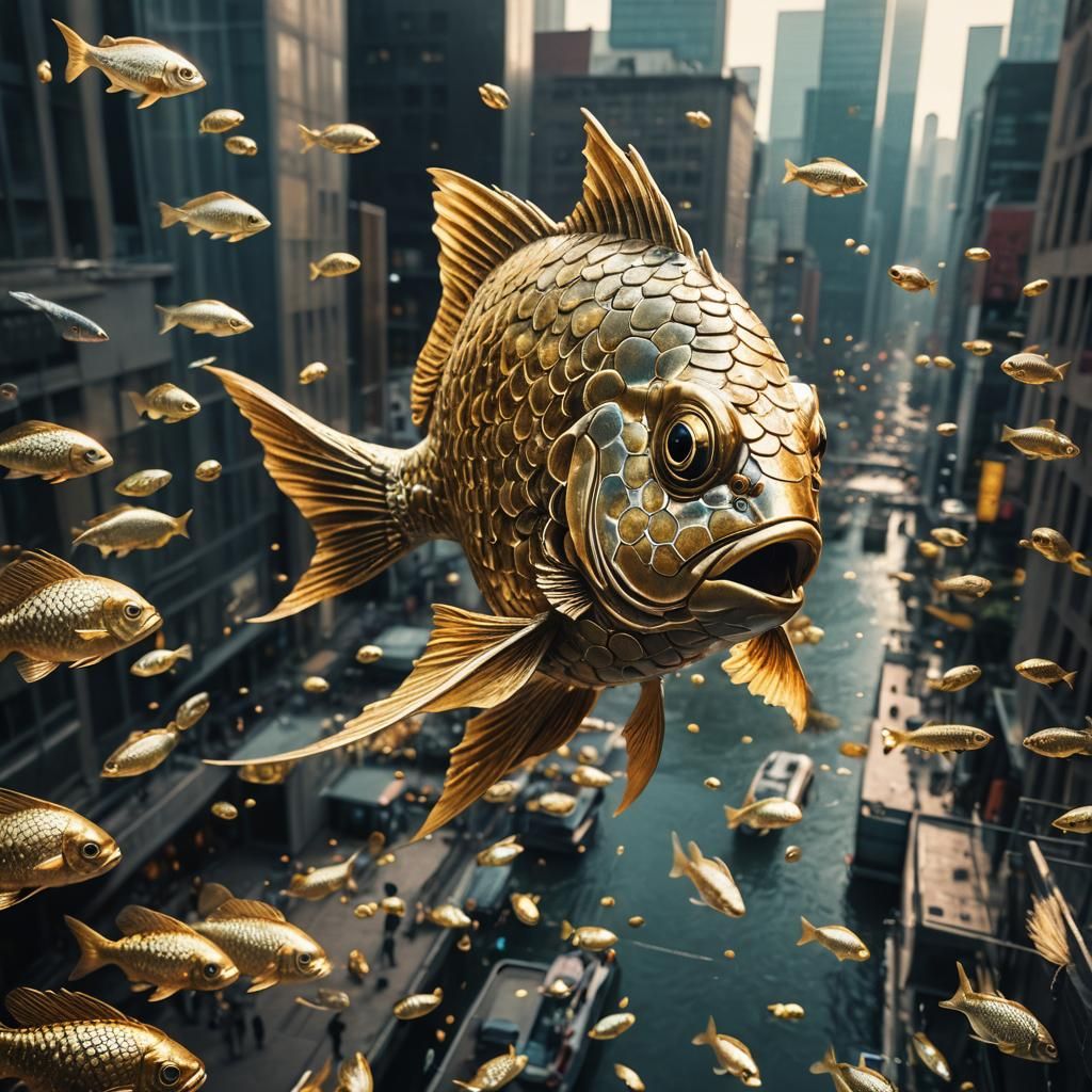 Gleaming 3D Fish in Cityscape, Cinematic Style