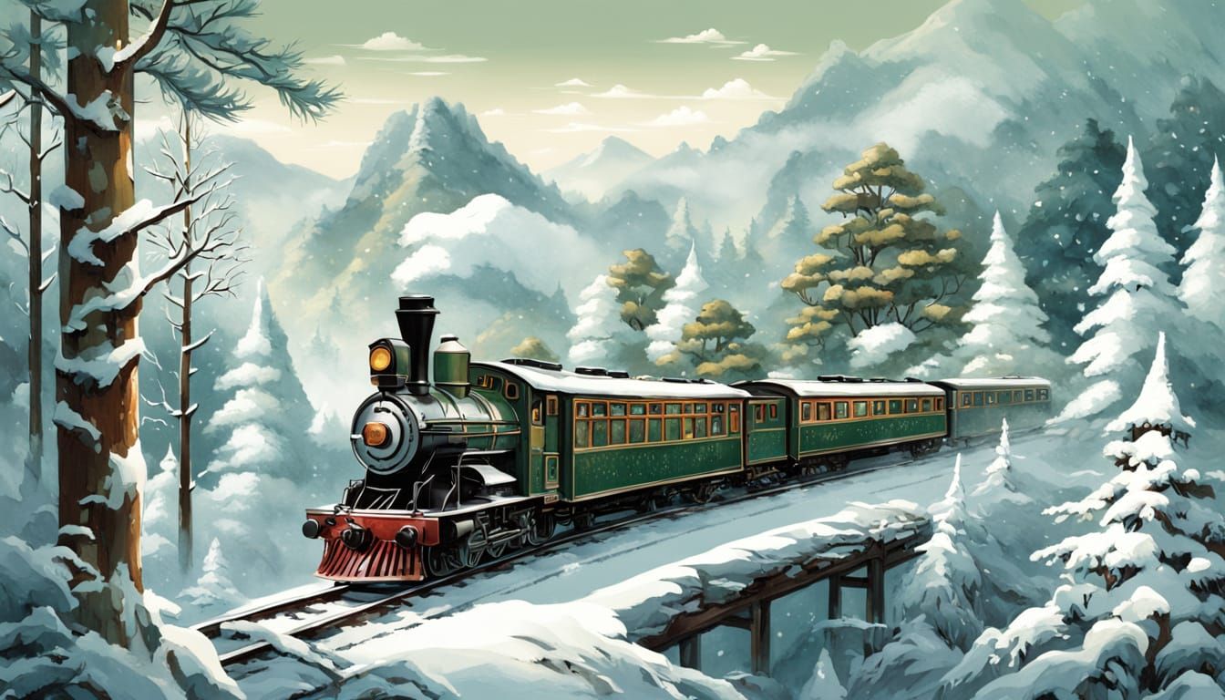 Vintage Winter Train Journey Through Frosty Forest