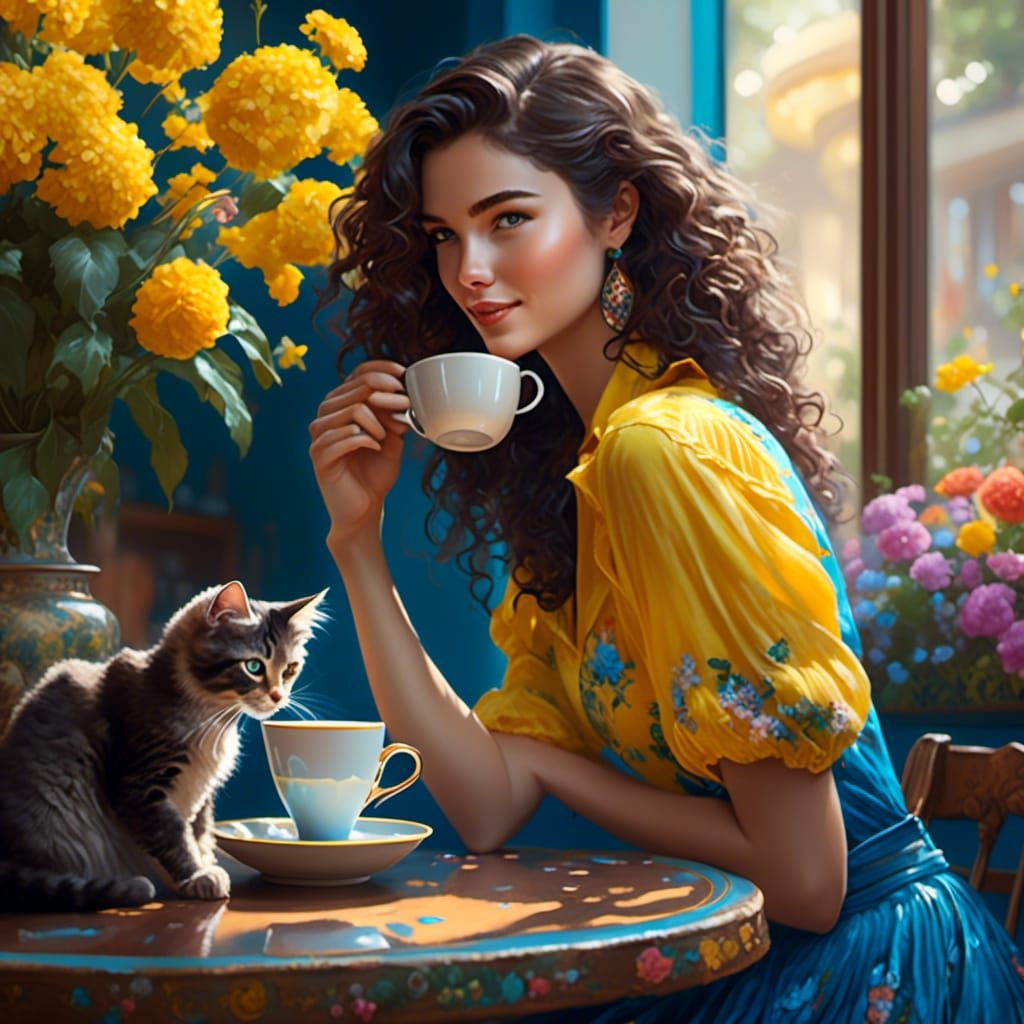 Woman with Cat in Cafe: Hyperrealistic Digital Art