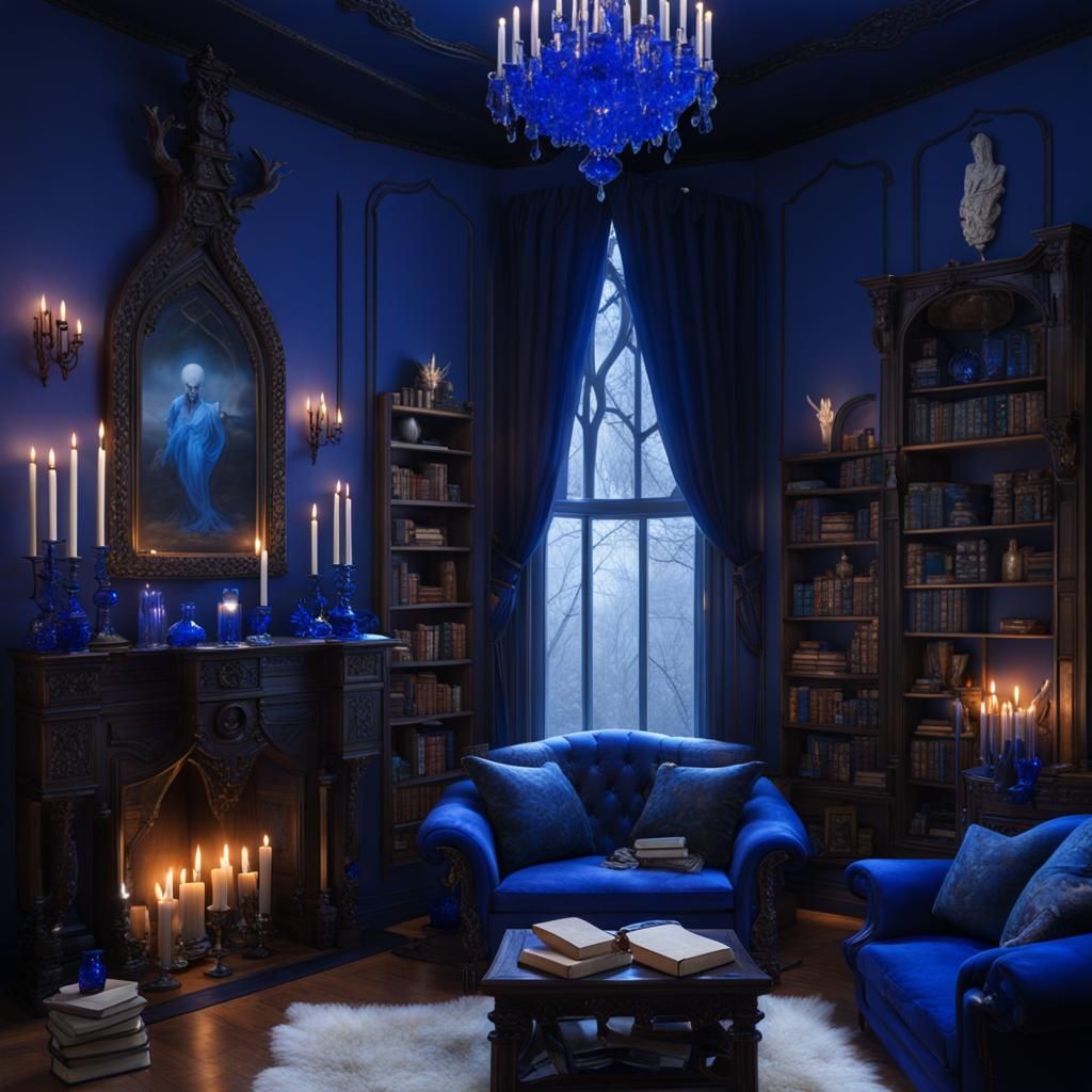 Gothic cobalt blue living room with lots of crystals and can...