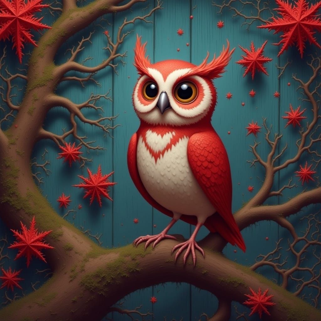 Whimsical Owl Perched on a Weathered Wooden Branch