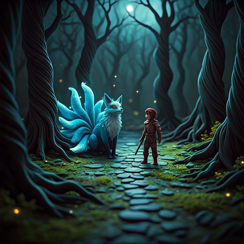 Clay Adventurer in Mysterious Swamp at Night