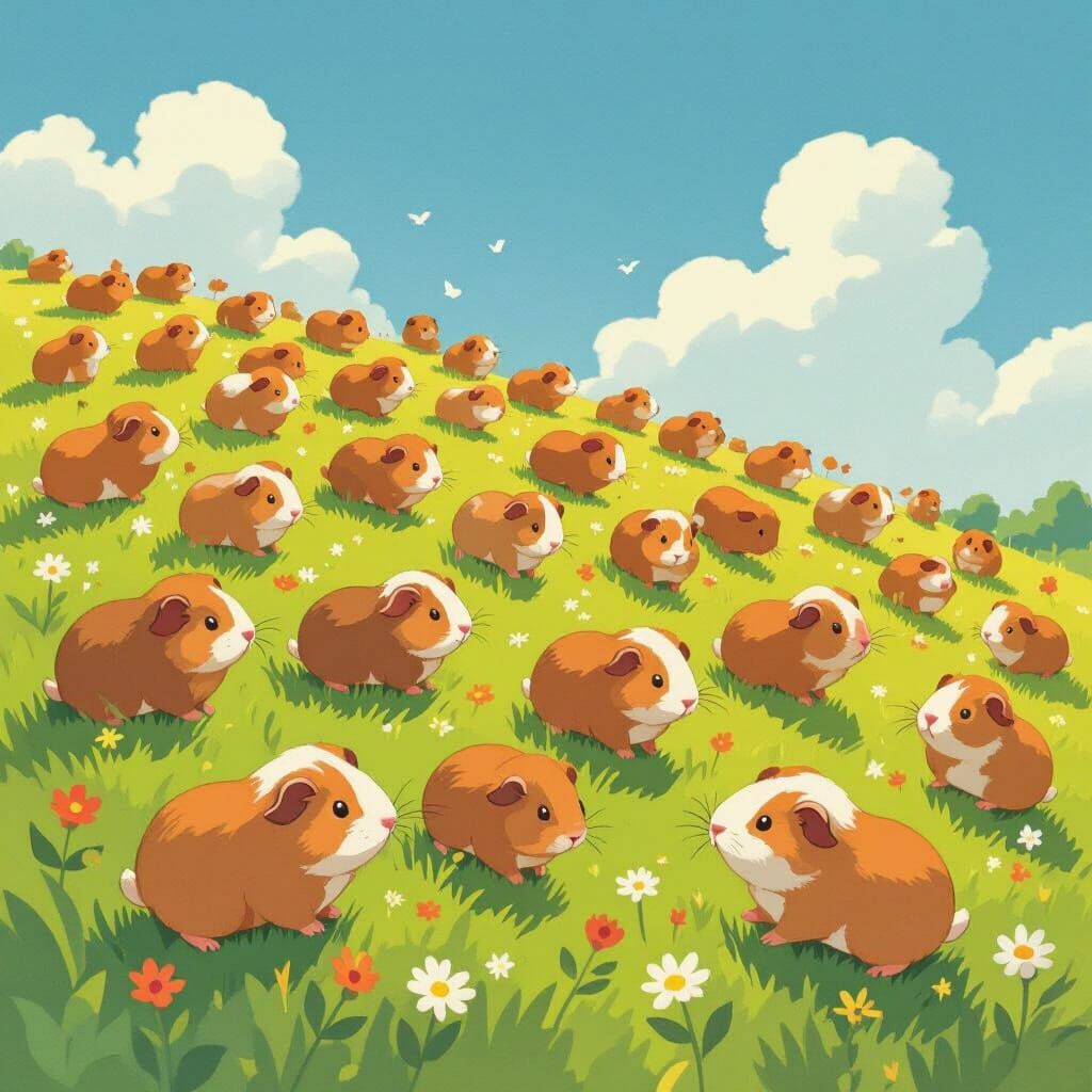 Fluffy Guinea Pigs in a Whimsical Meadow Illustration