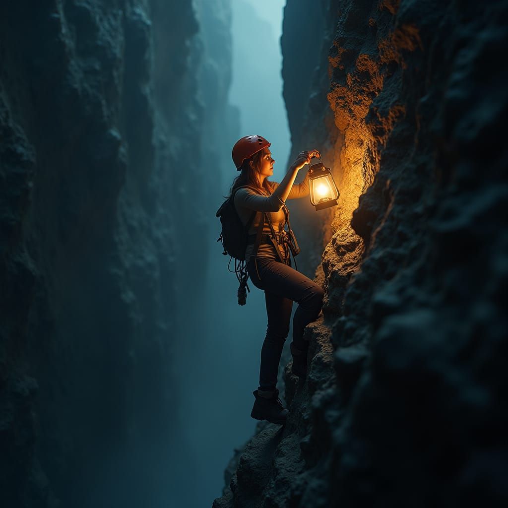 Rock Climber in Abyss with Lantern: Hyperrealistic Scene