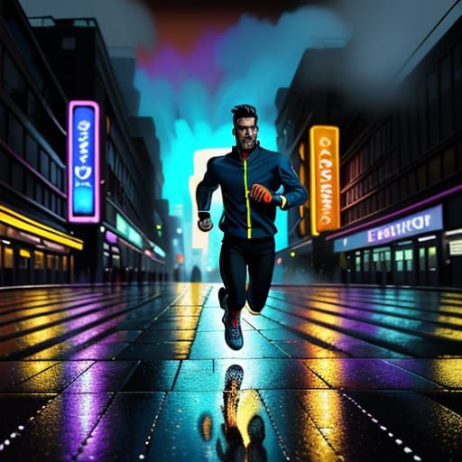 Man Running in City: Surreal Oil Painting