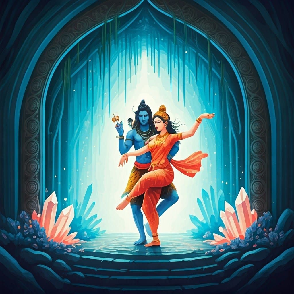 Shiva and Parvati Dance in a Bioluminescent Grotto