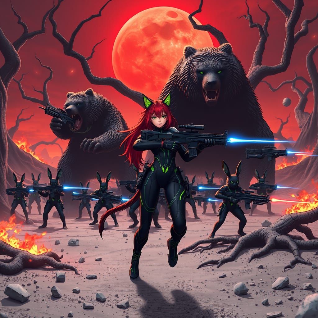 Sleek Demon Cat Warrior Leads Rabbit Men into Futuristic Bat...