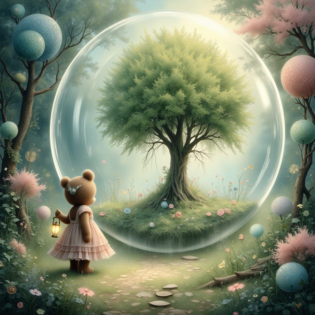 Baby Bear with Magical Lantern in Dreamlike Forest