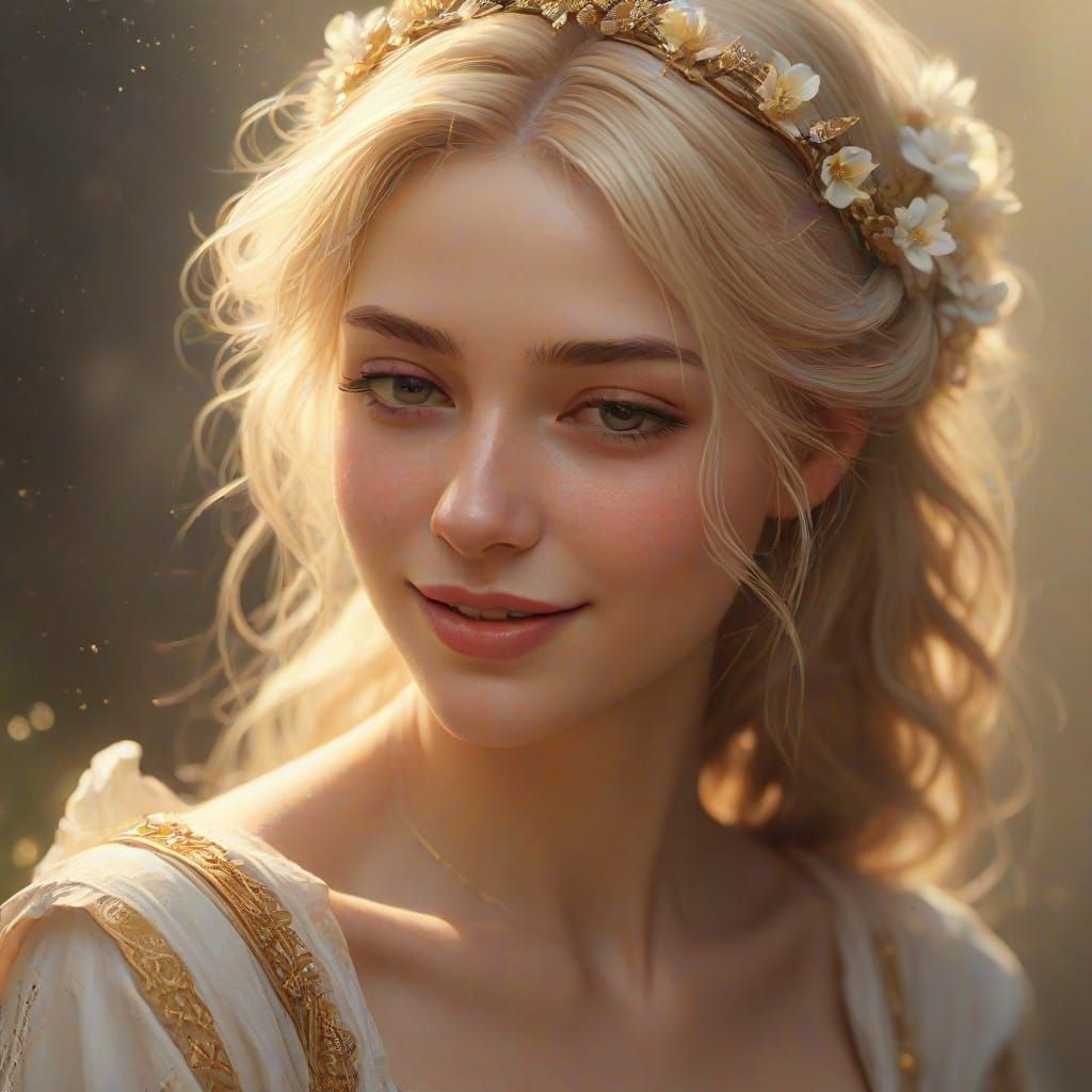 Goddess Smiling in Golden Light: Oil Painting