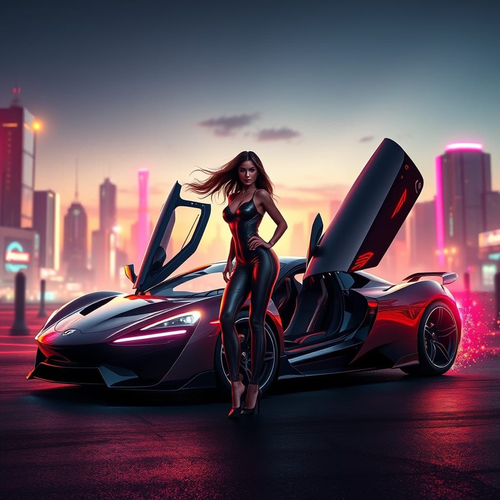 Futuristic Sports Car Emerge from Neon City Night