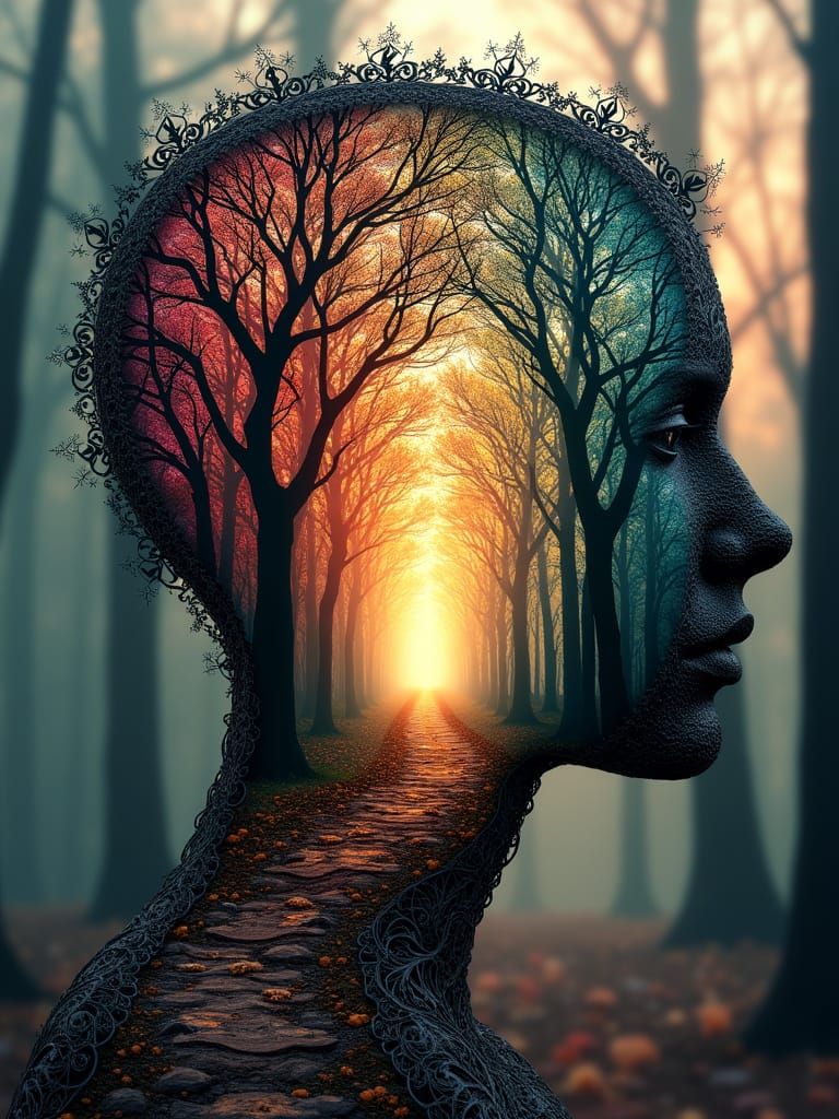 Surreal Iron Filigree Silhouette with Dreamlike Forest Scene...