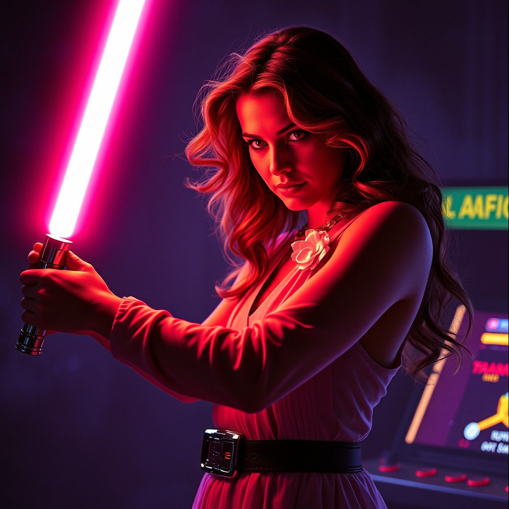 Vintage Lady with Lightsaber in Retro Sci-Fi Scene
