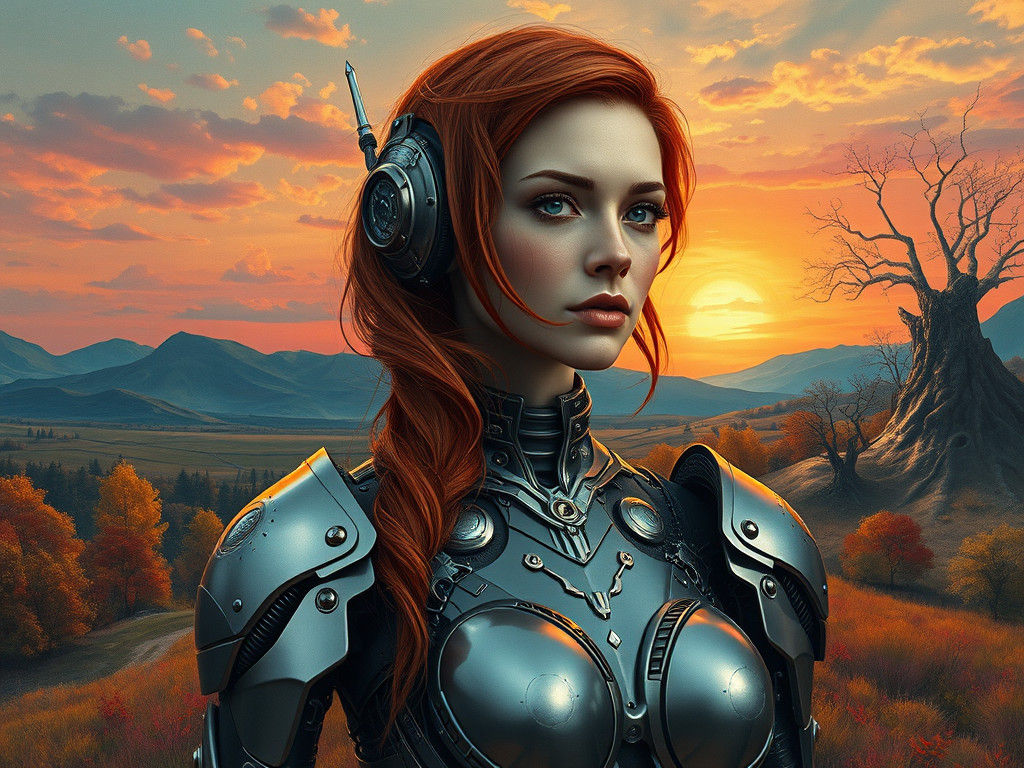 Mystical Warrior Emerges from a Dreamlike, Mechanical Realm