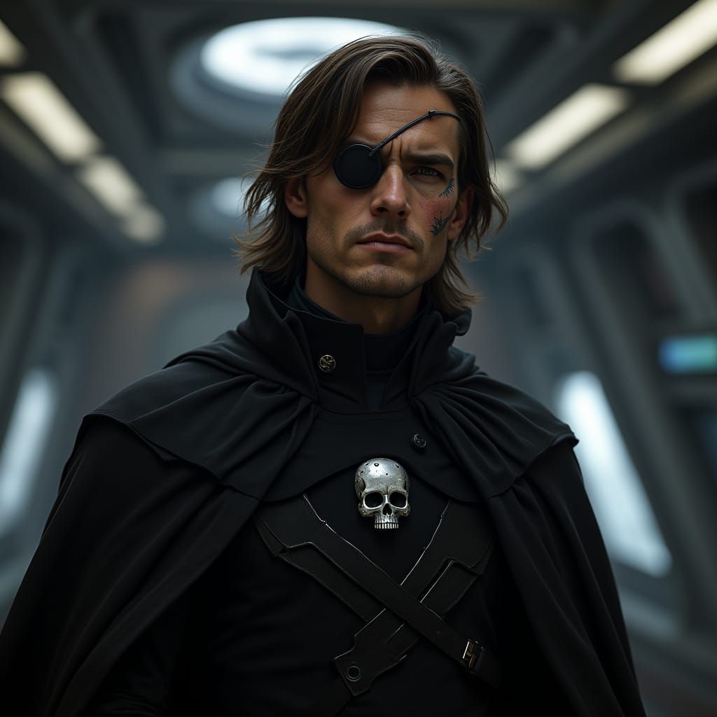 Scarred Man with Eye Patch on Starship Bridge