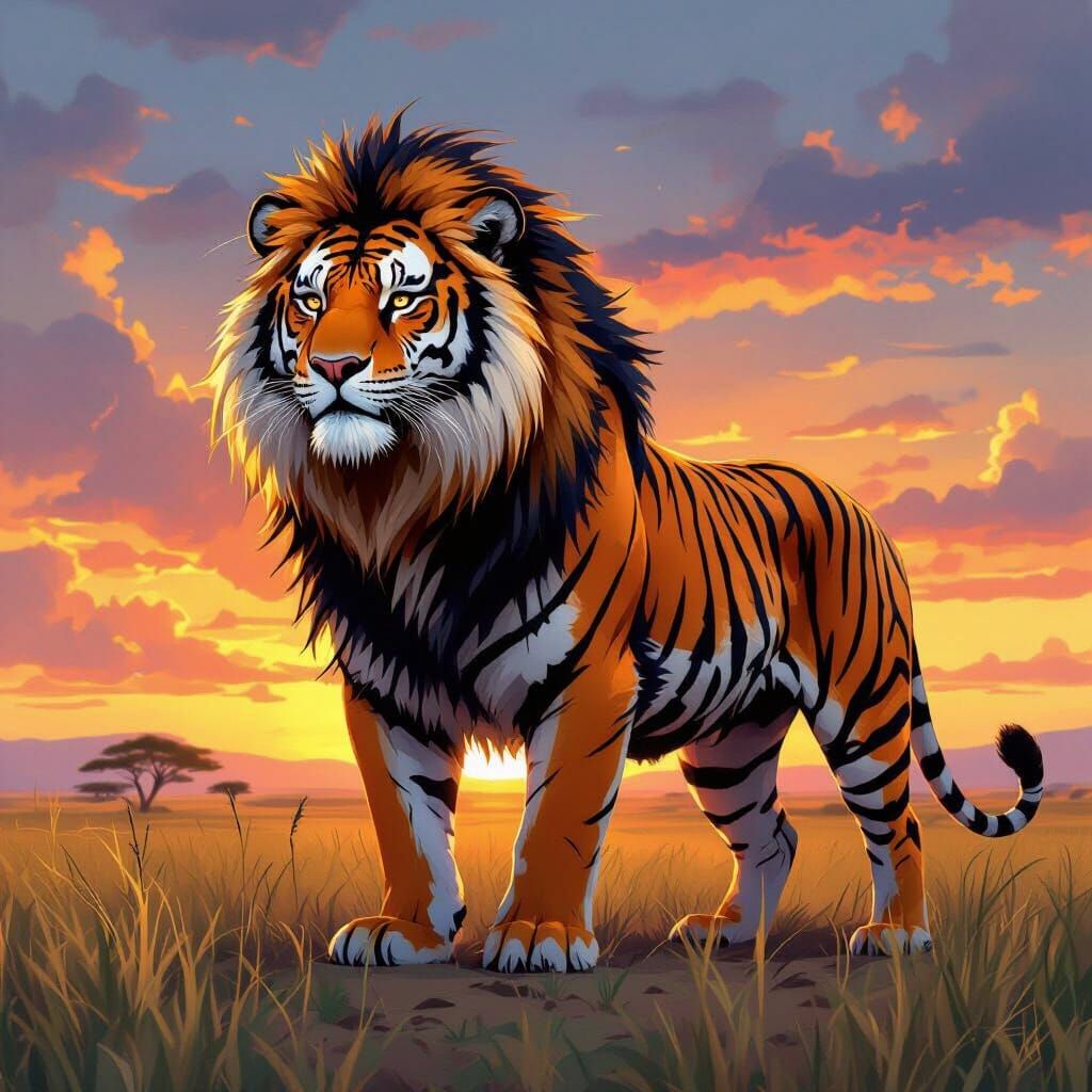 Majestic Tiger-Lion Hybrid in Savannah Sunset