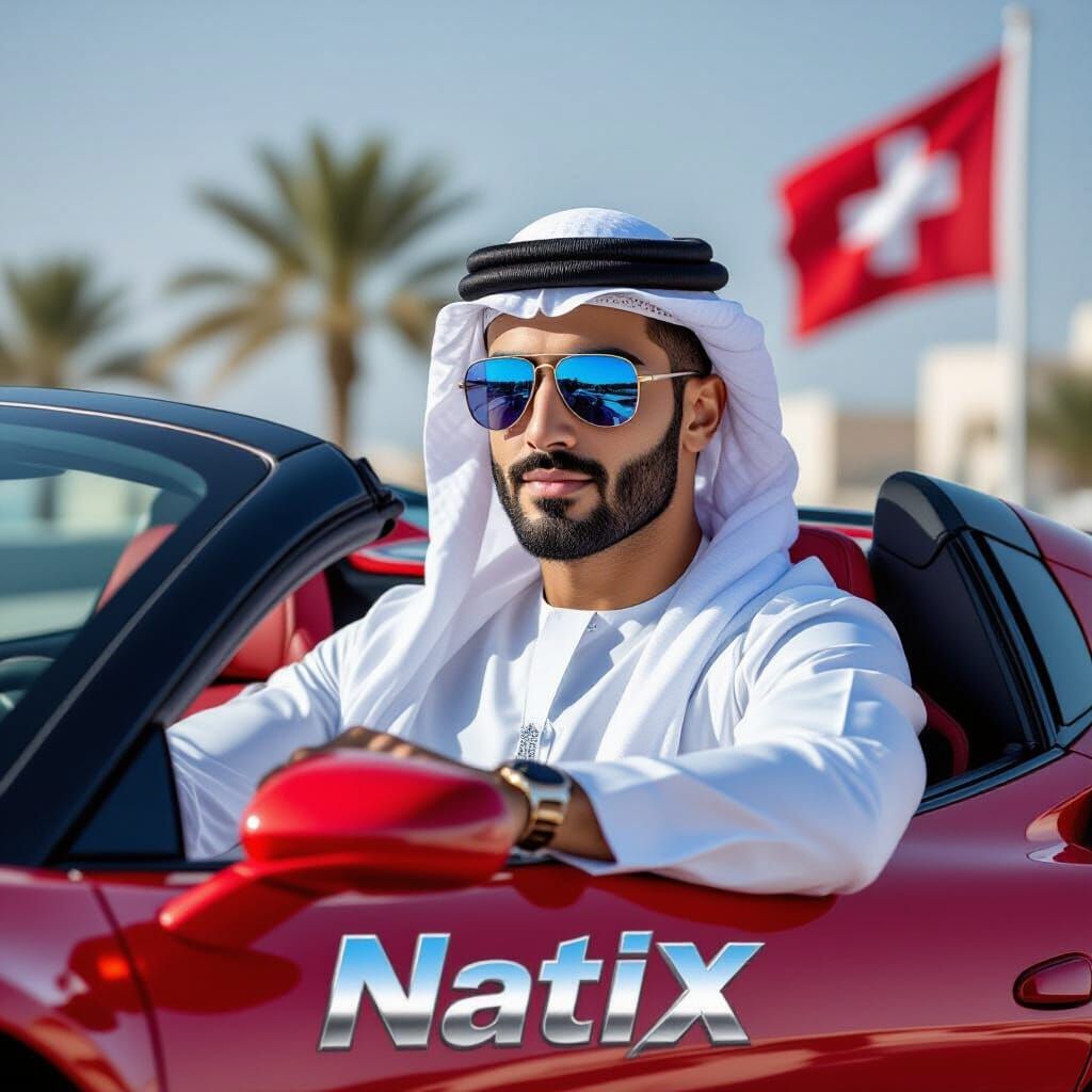 Handsome Man in Shemagh Driving a Red Sports Car