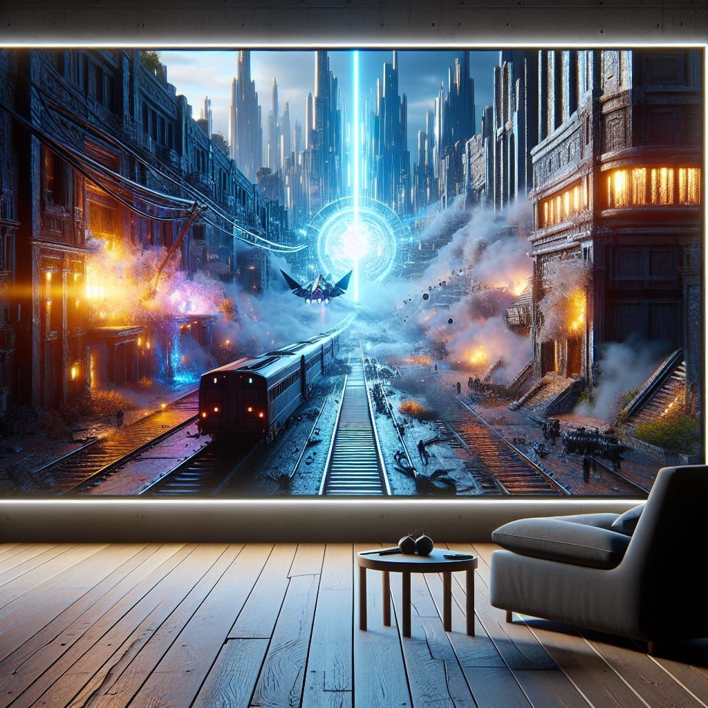 8K Video Game Scene Inside TV Screen