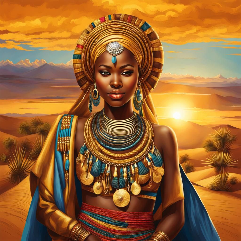 African Girl in Tribal Dress at Desert Sunrise