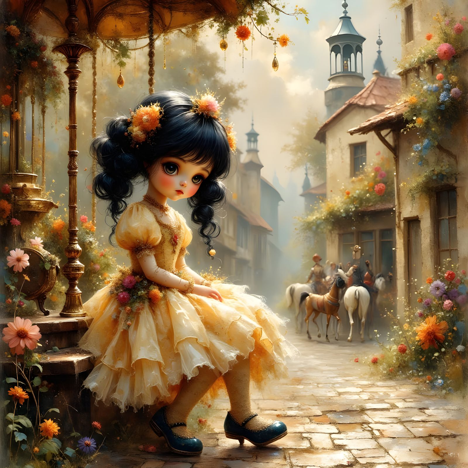 Antique Porcelain Doll on Carousel Scene