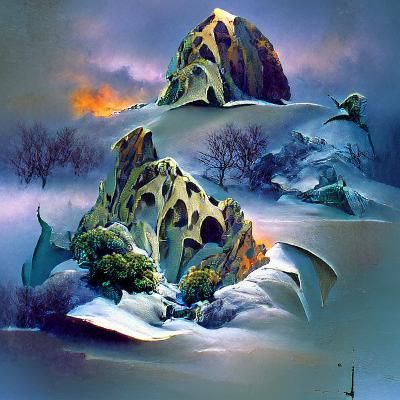 Snowy Castle Ruins in Sci-Fi Landscape