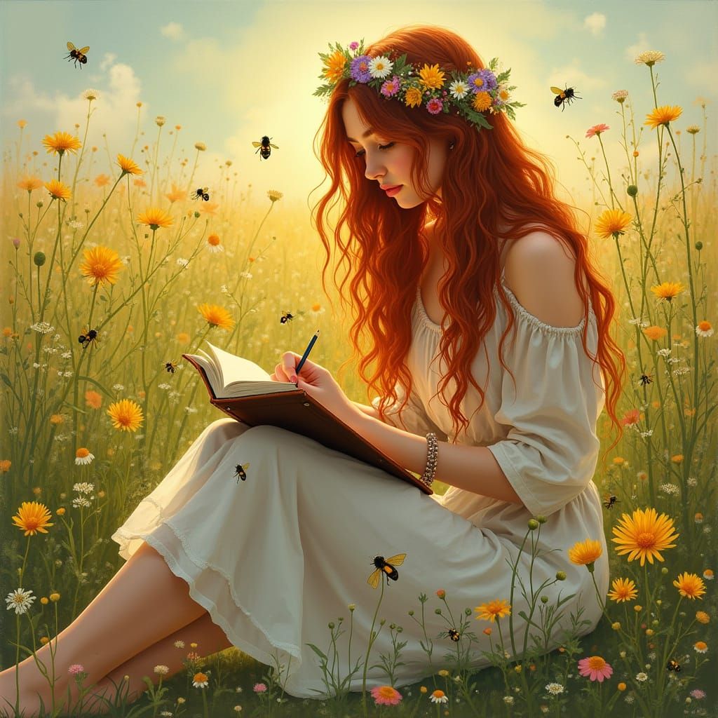 Woman Sketching in Meadow, Art Nouveau Style