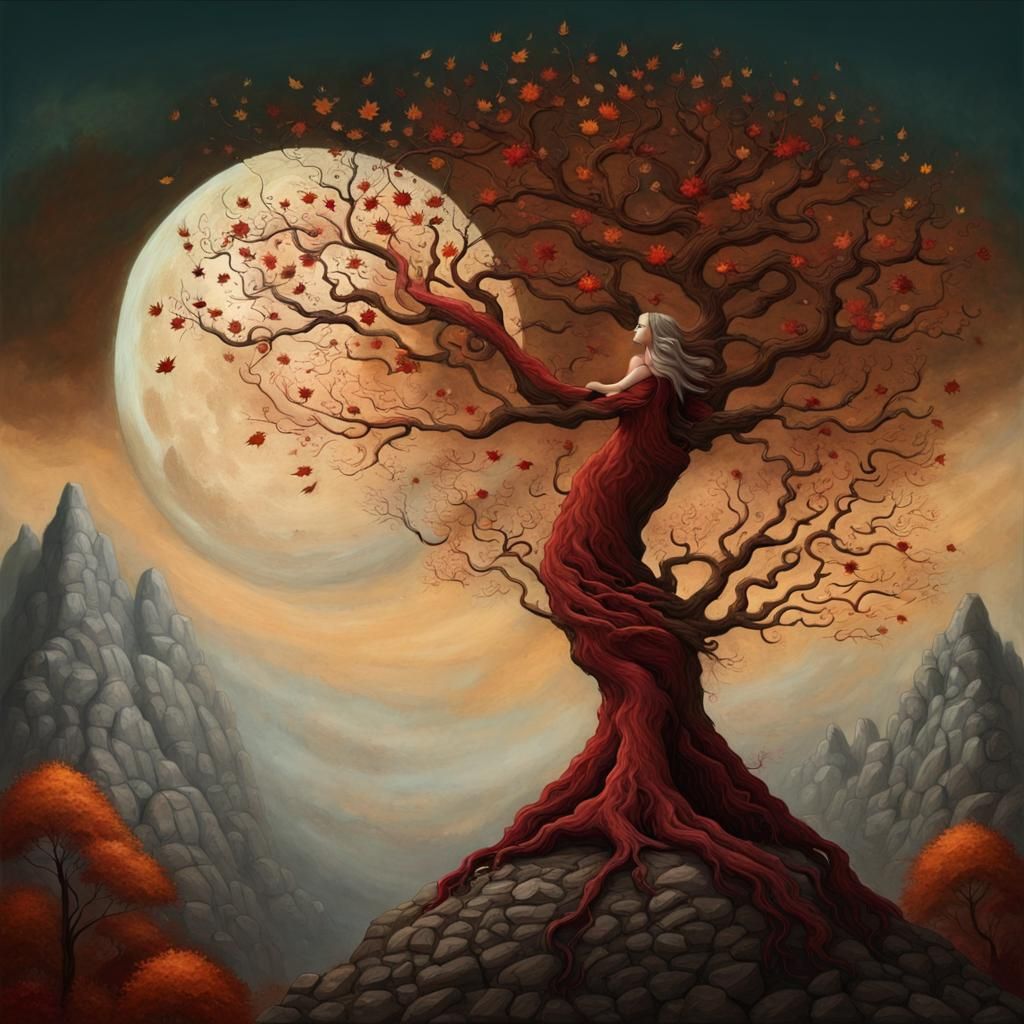 Mythical Creature in Autumn Tree: Surreal Fantasy Art