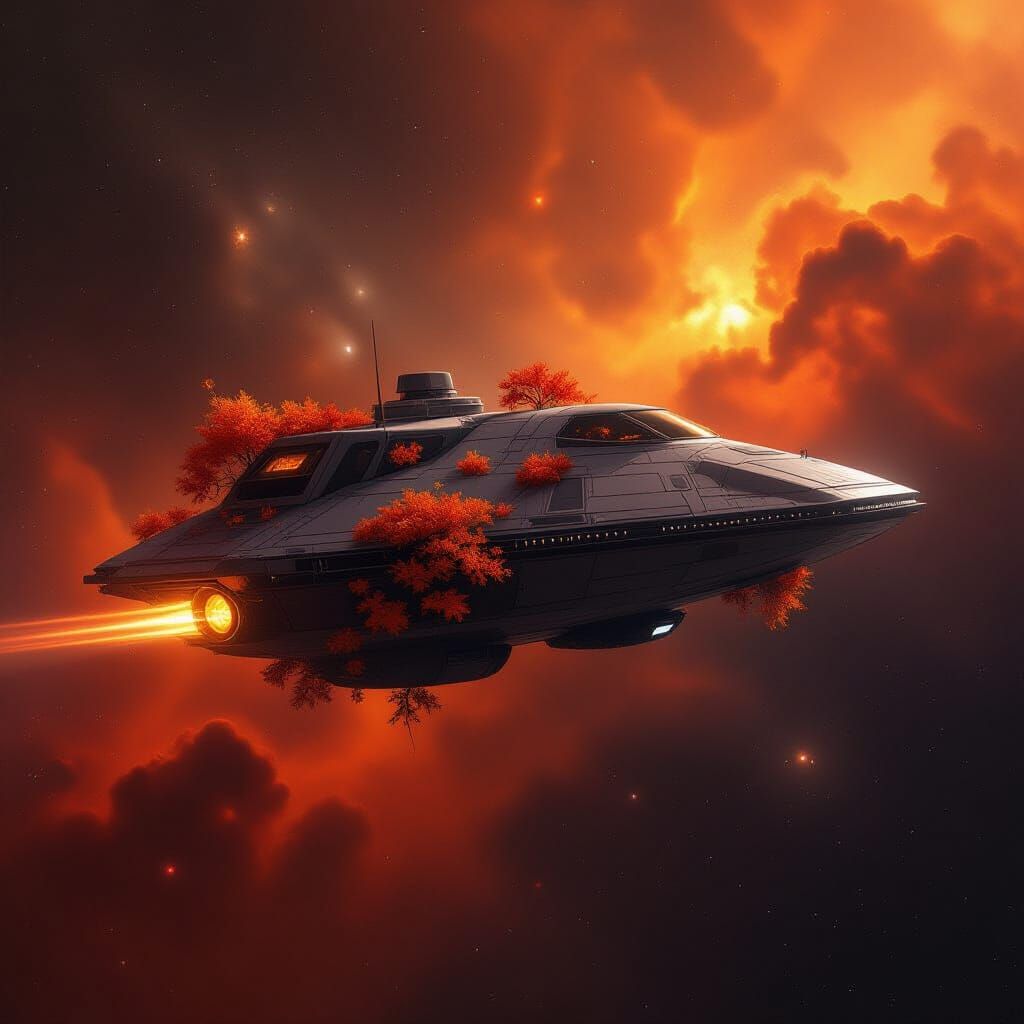 Sci-Fi Spaceship in Fiery Nebula