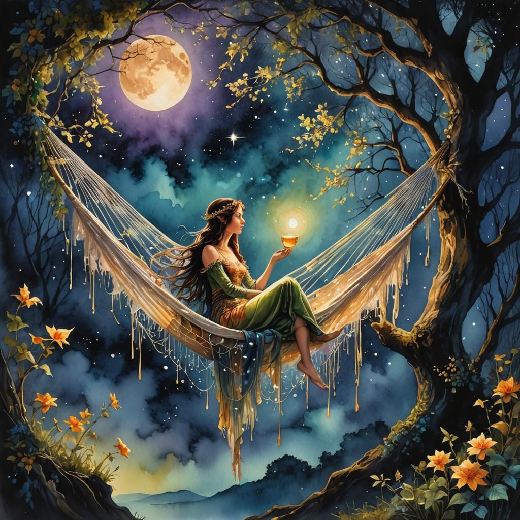 Beautiful Elf Stargazing in Fantasy Watercolor