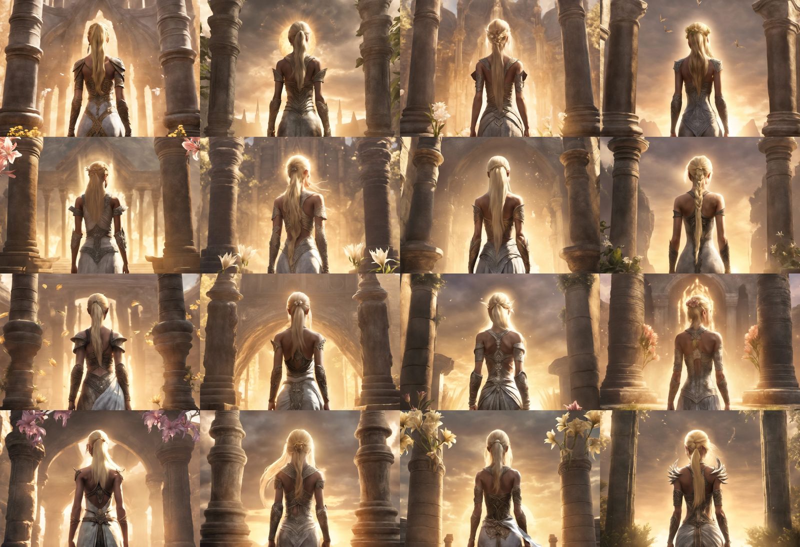 Goddess Outside Temple with Flowers and Sunray