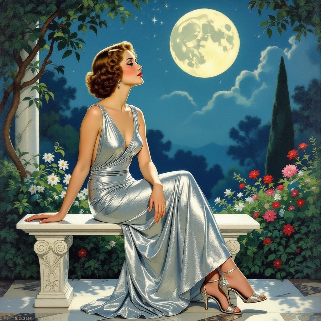 Elegant Actress in Art Deco Garden at Night