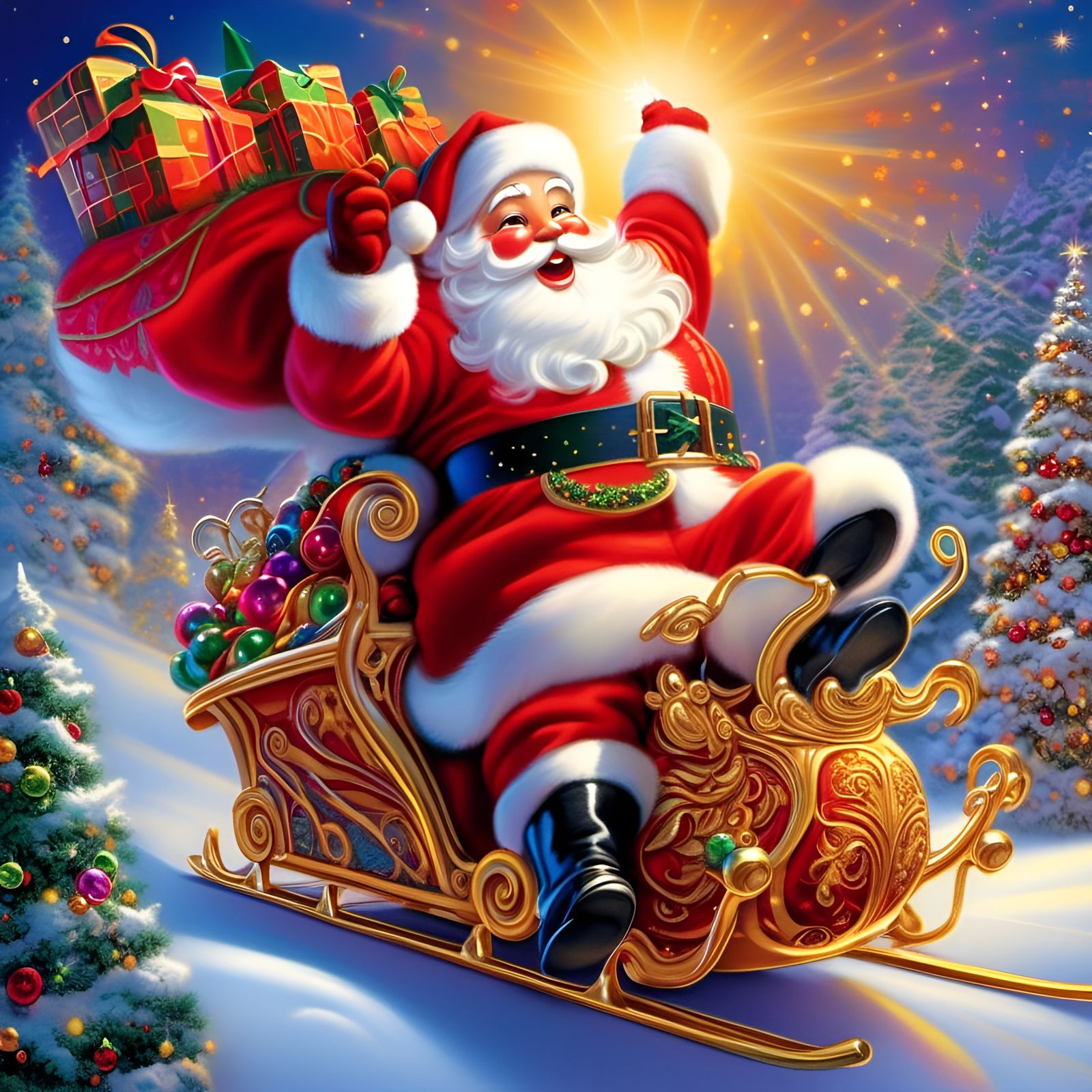 Rudolph and Santa's Rocket Sleigh Race: Watercolor Art