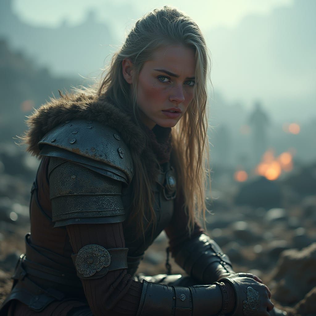 Viking Warrior Woman in Foggy Battle Landscape