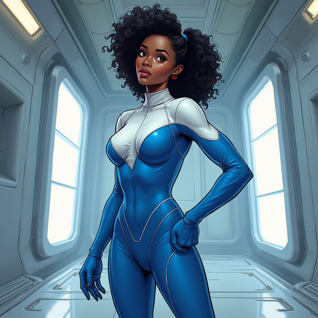 Black Superheroine Posing in Futuristic Space Station