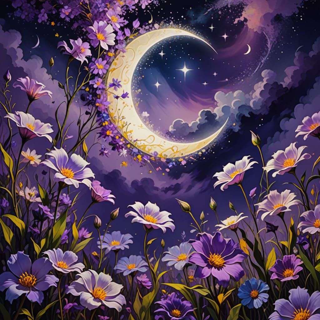 Dreamlike Flowers Bloom Under Crescent Moon as Impressionist...