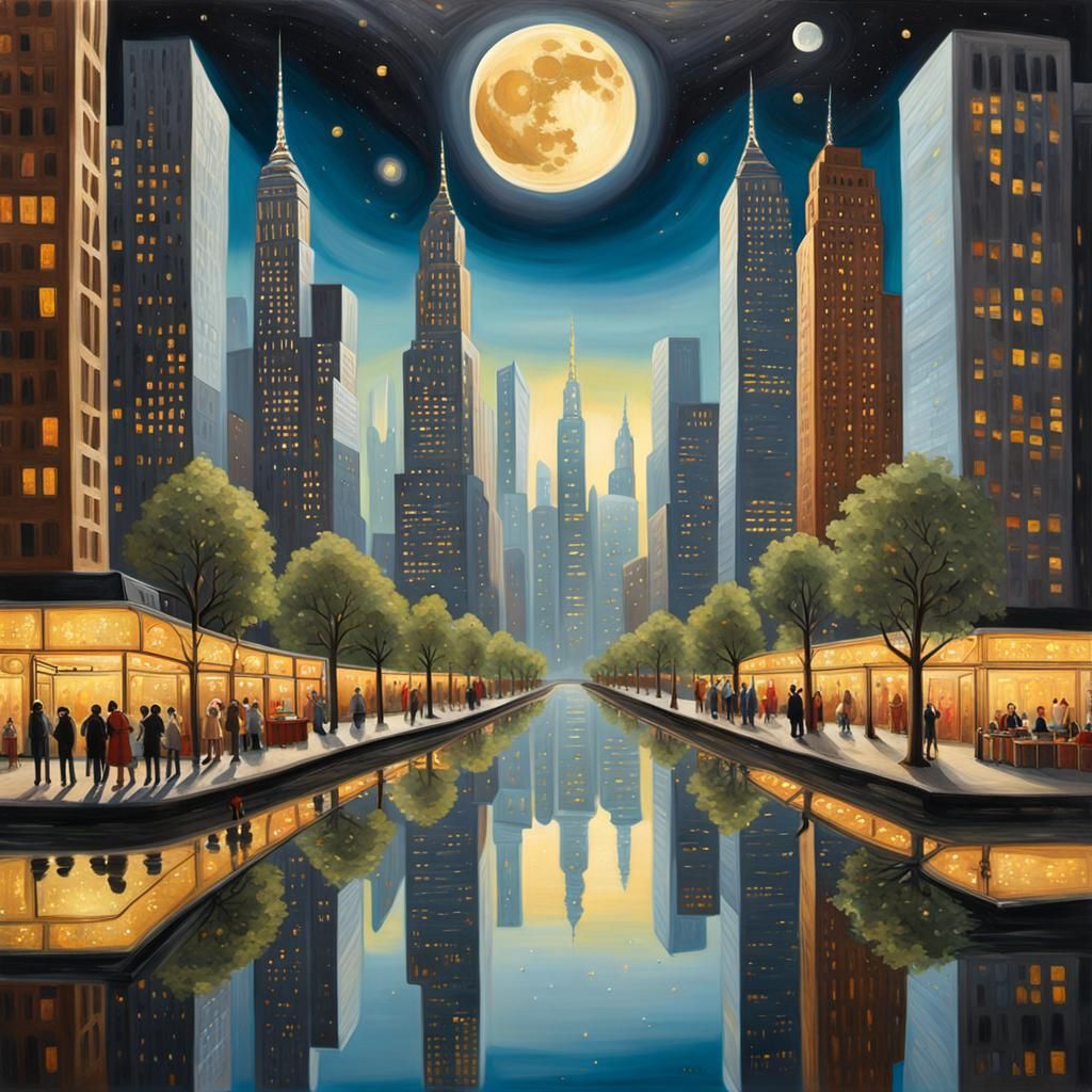 Surreal Mirrored Cityscape in Hyperrealistic Painting