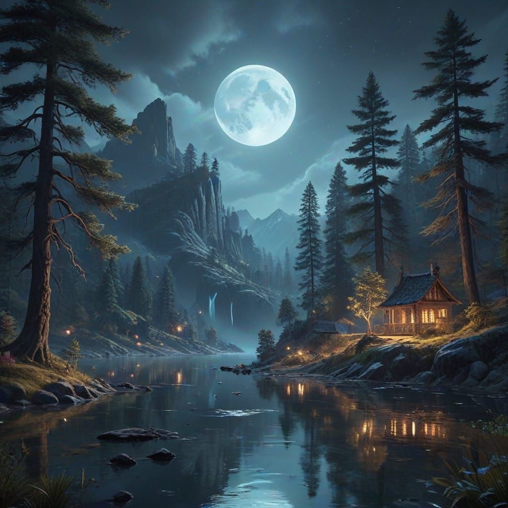 Ethereal Mountain Lake Scene in Pastel Goth Style