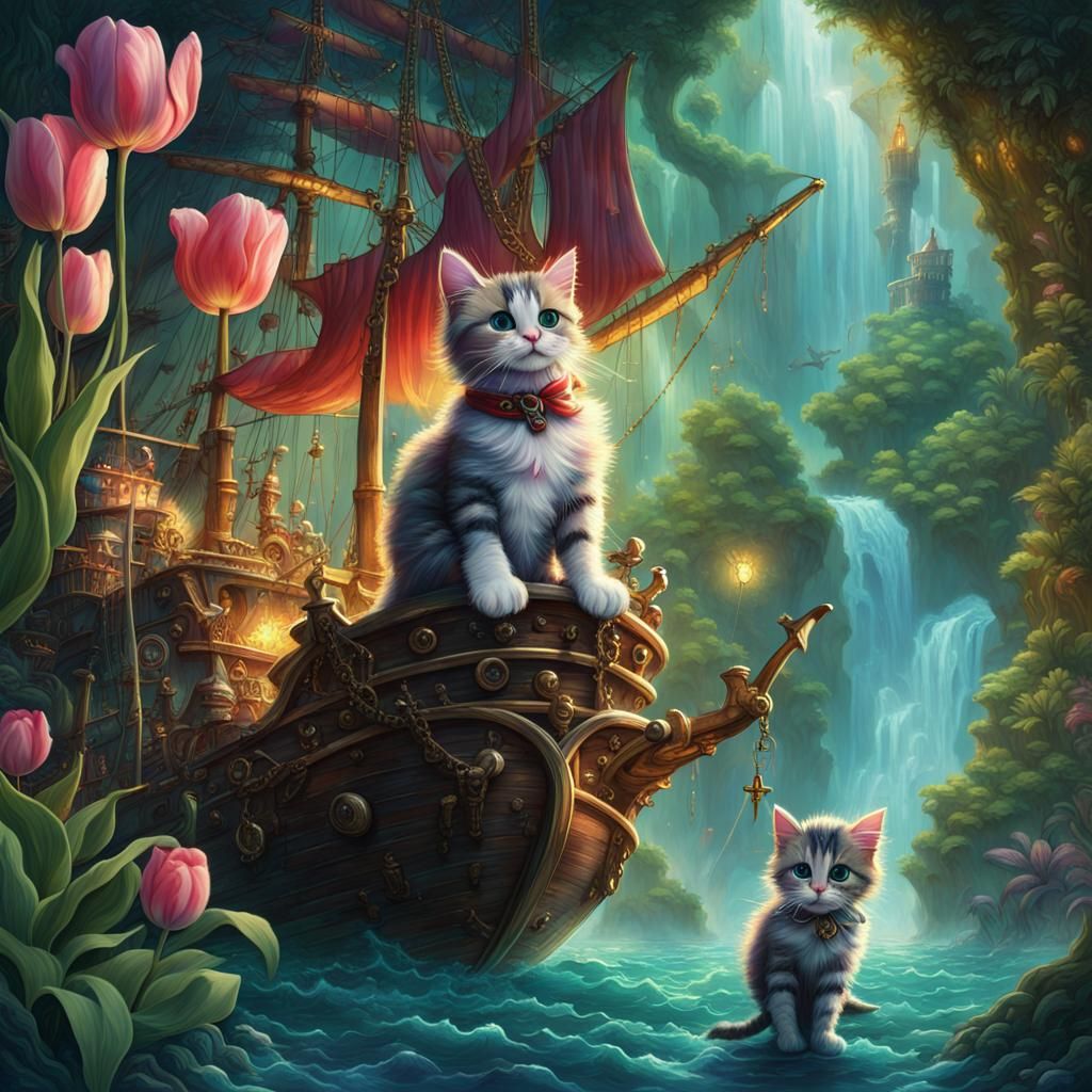 Iridescent Tulip With Pirate Cats, Digital Art
