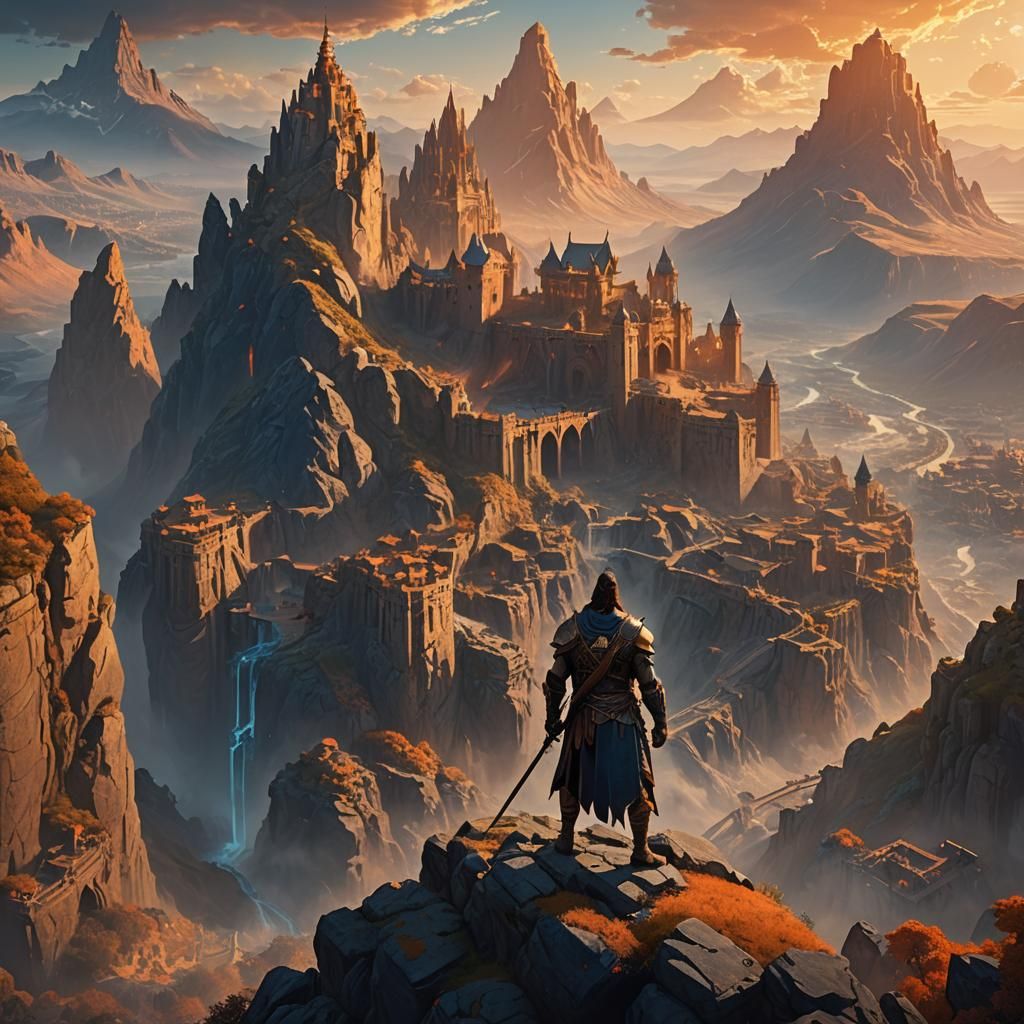 Heroic Warrior Overlooking Ancient City in Fantasy Art